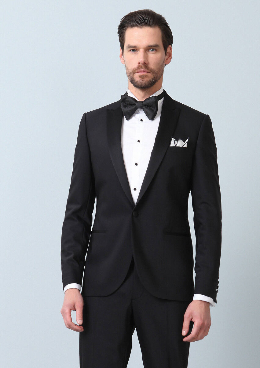 Black Plain Slim Fit Double Breasted Collar Weaving Tuxedo - 4