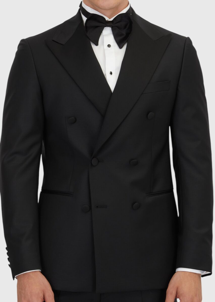 Black Plain Slim Fit Double Breasted Collar Weaving Tuxedo - 4