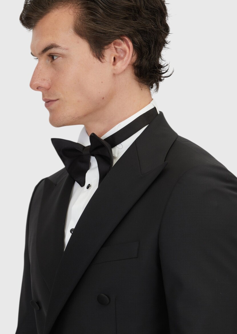 Black Plain Slim Fit Double Breasted Collar Weaving Tuxedo - 5