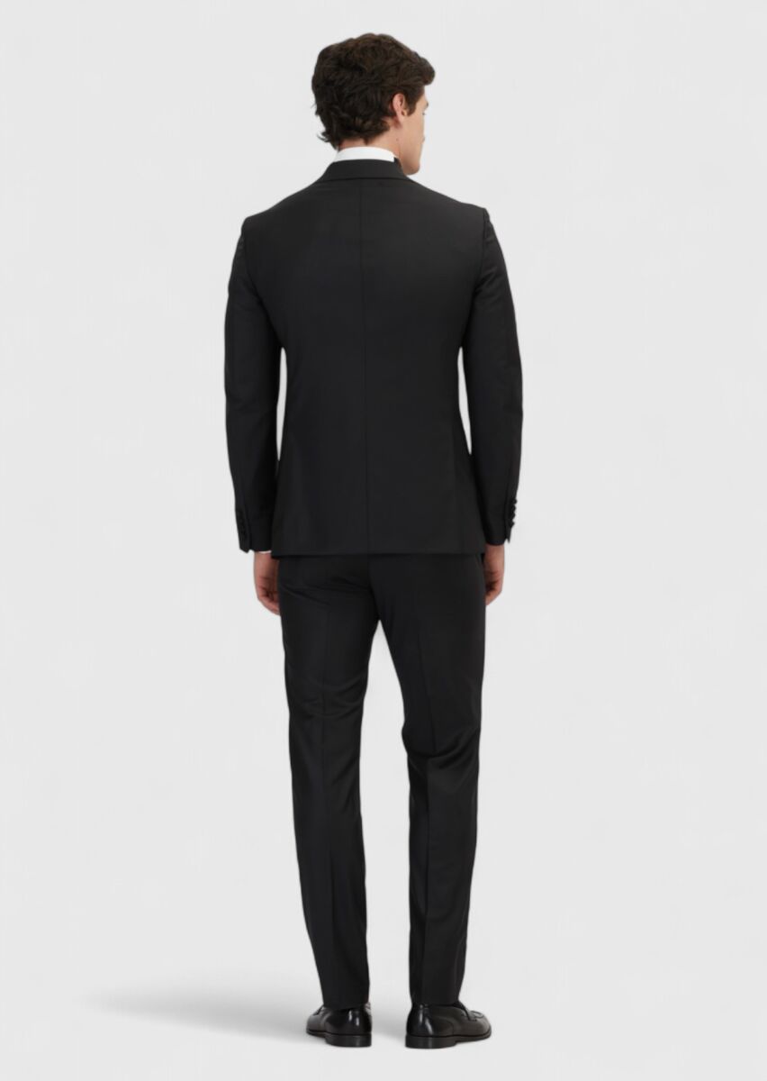Black Plain Slim Fit Double Breasted Collar Weaving Tuxedo - 6