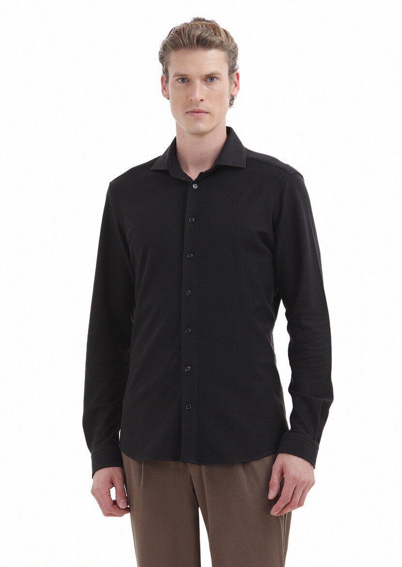 Black Plain Slim Fit Knitting Casual 100% Cotton Shirt - 1