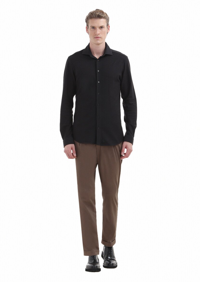 Black Plain Slim Fit Knitting Casual 100% Cotton Shirt 