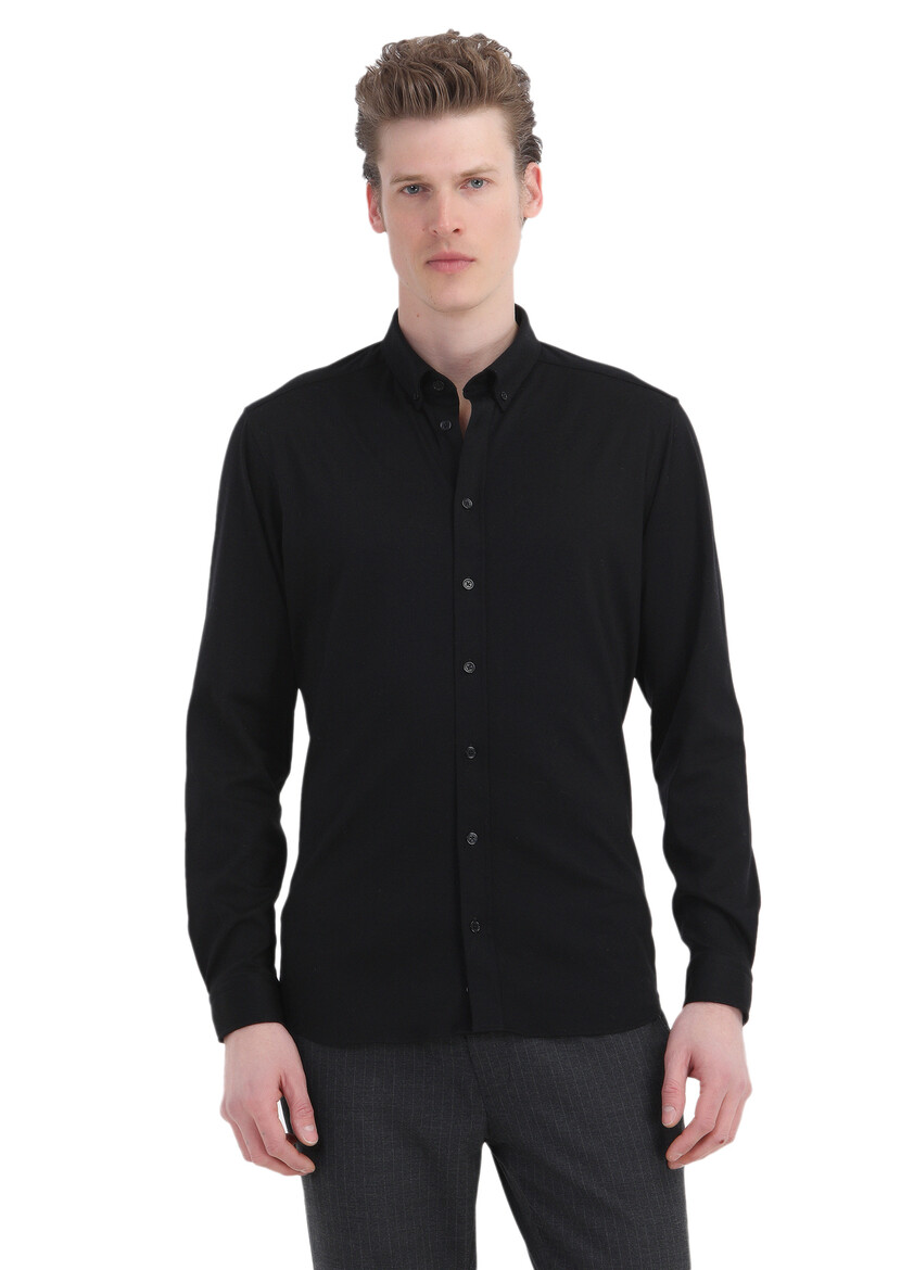 Black Plain Slim Fit Knitting Casual 100% Cotton Shirt - 1