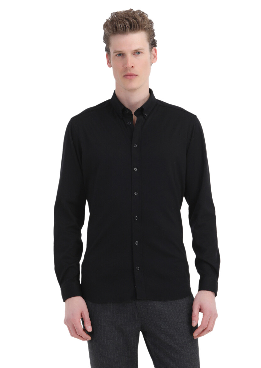 Black Plain Slim Fit Long Knitting Casual 100% Cotton Shirt - 1