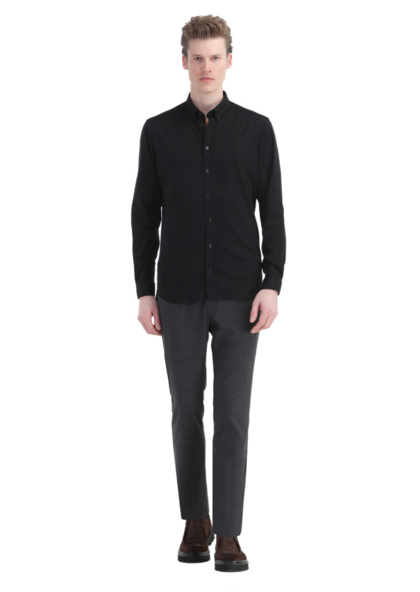 Black Plain Slim Fit Long Knitting Casual 100% Cotton Shirt - 2