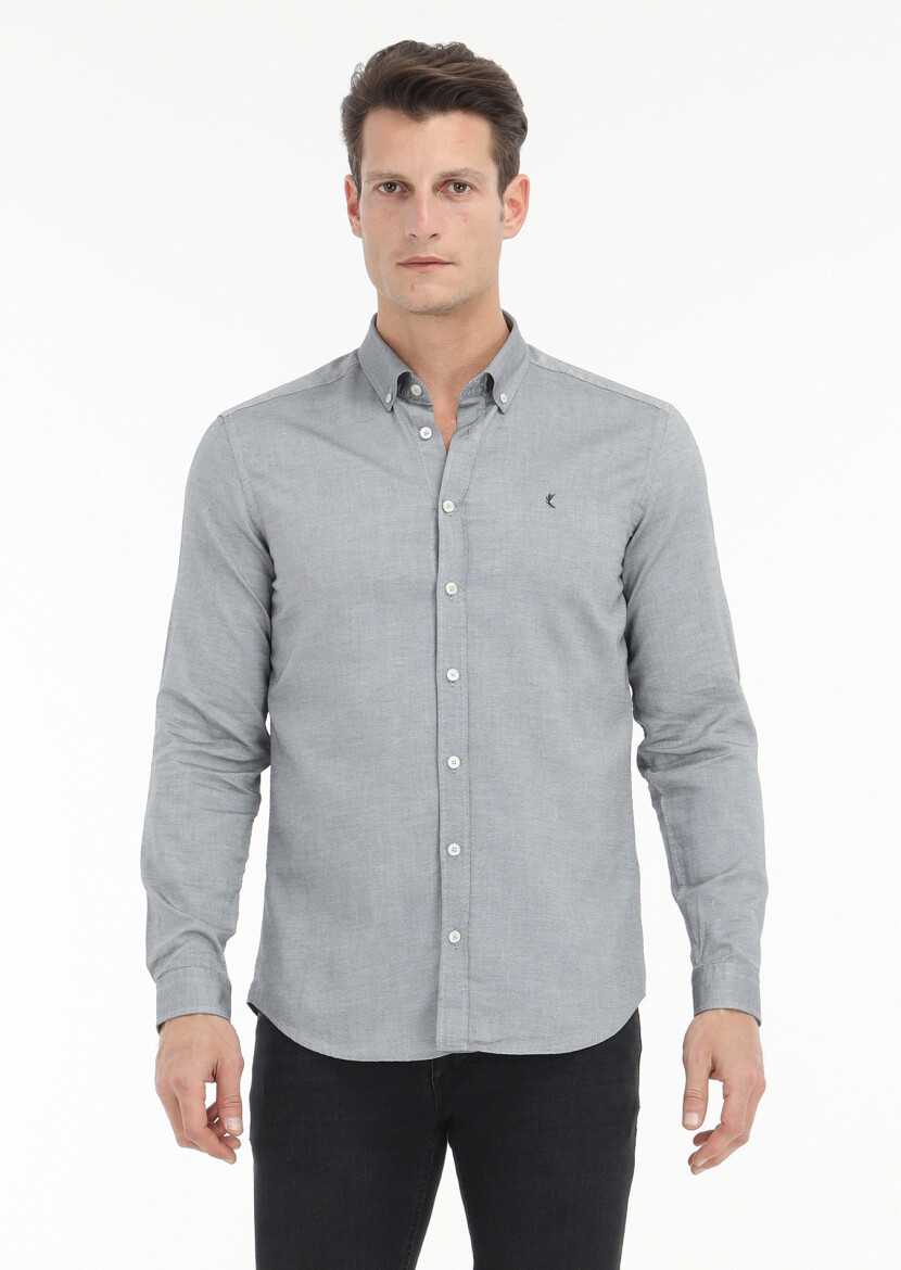 Black Plain Slim Fit Long Weaving Casual 100% Cotton Shirt 