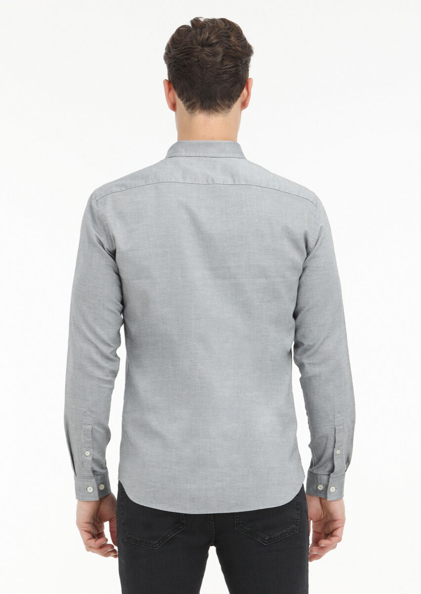 Black Plain Slim Fit Long Weaving Casual 100% Cotton Shirt - 4