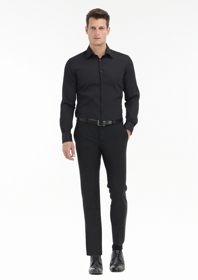 Black Plain Slim Fit Long Weaving Classical Cotton Blended Shirt 