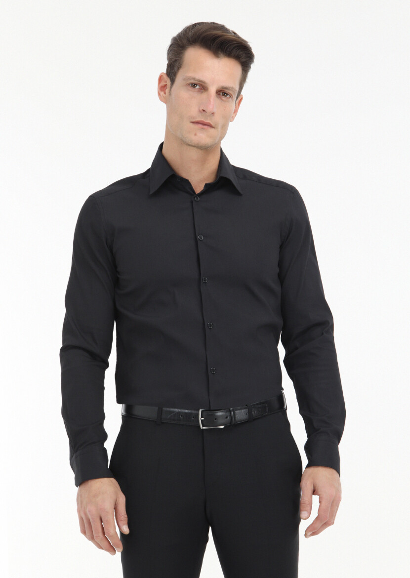 Black Plain Slim Fit Long Weaving Classical Cotton Blended Shirt 