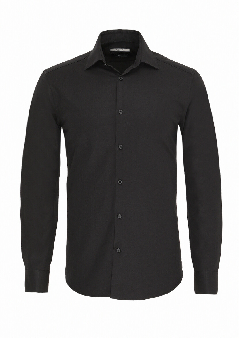 Black Plain Slim Fit Long Weaving Classical Cotton Blended Shirt 