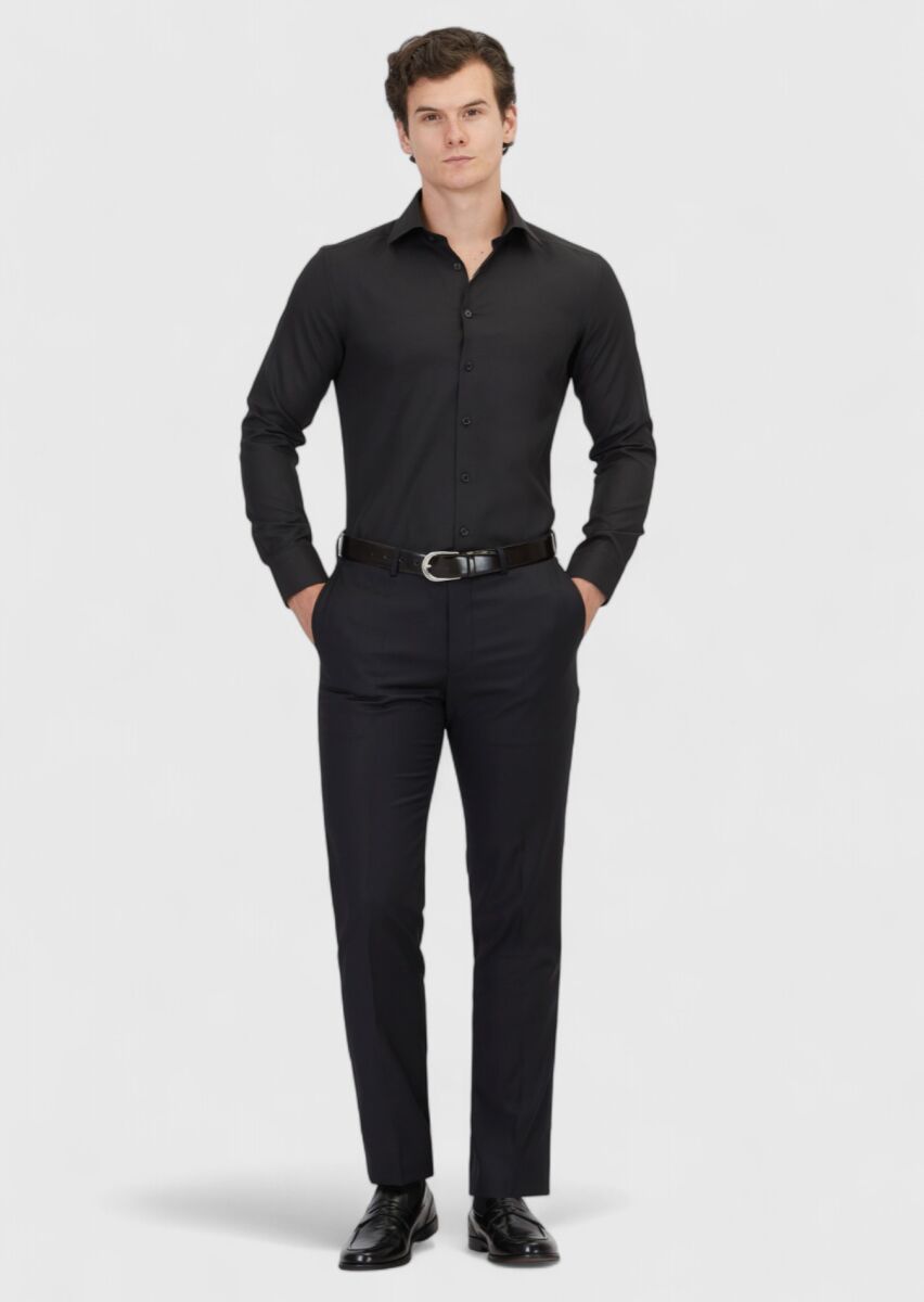 Black Plain Slim Fit Long Weaving Classical Cotton Blended Shirt - 2