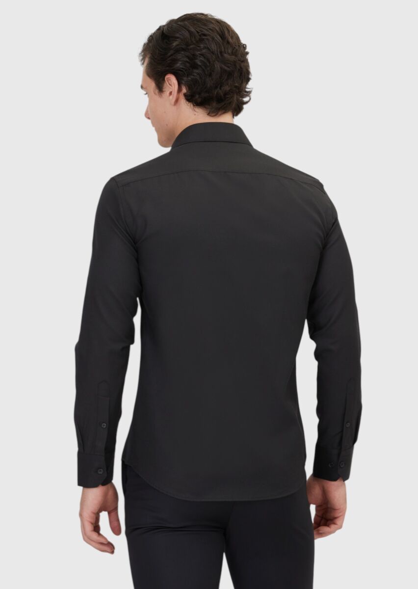Black Plain Slim Fit Long Weaving Classical Cotton Blended Shirt - 5