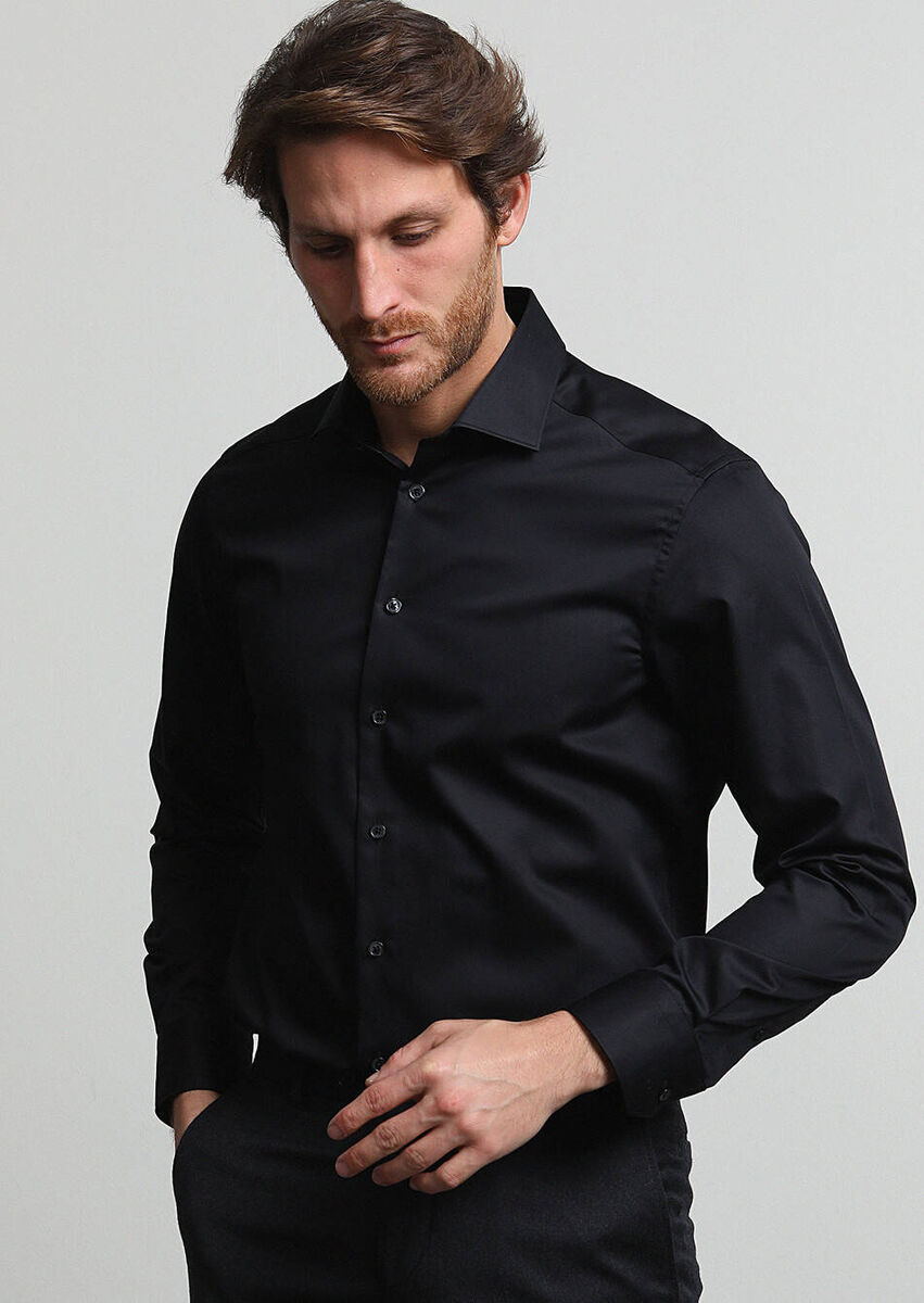 Black Plain Slim Fit Weaving Classical 100% Cotton Shirt - 1