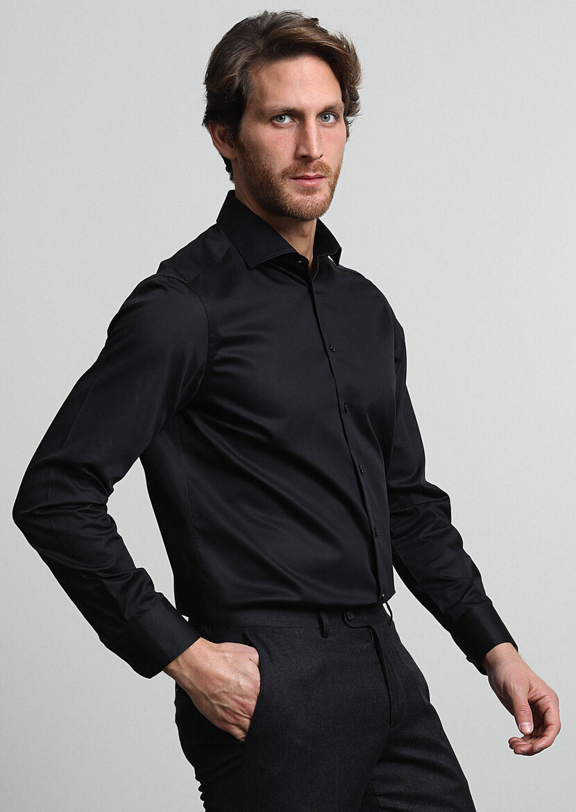 Black Plain Slim Fit Weaving Classical 100% Cotton Shirt - 3