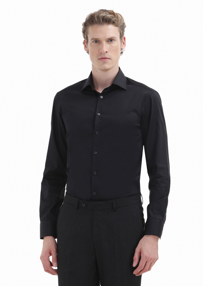 Black Plain Slim Fit Weaving Classical 100% Cotton Shirt 