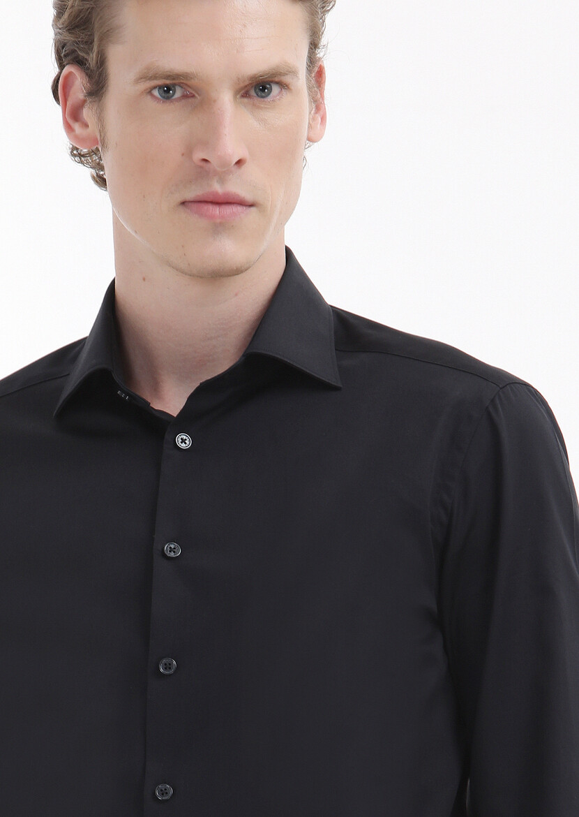 Black Plain Slim Fit Weaving Classical 100% Cotton Shirt - 3