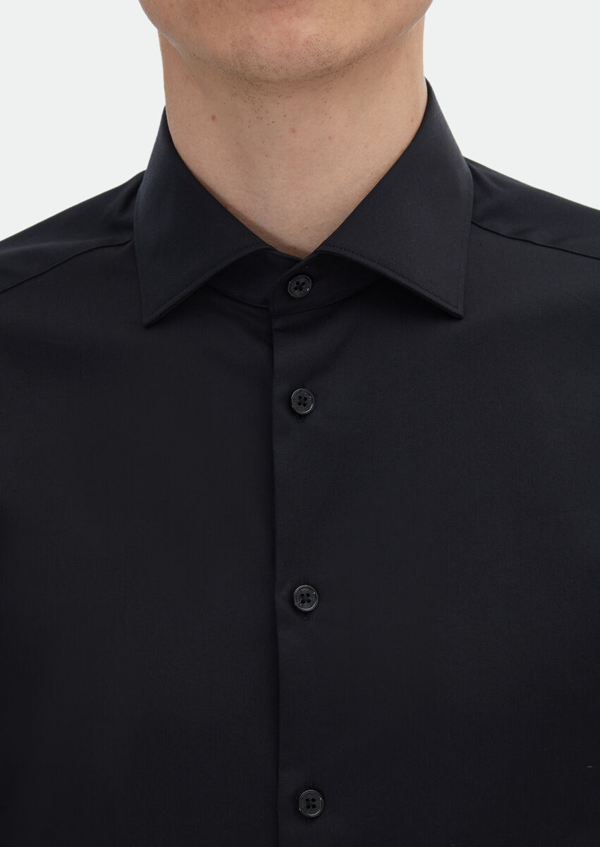 Black Plain Slim Fit Weaving Classical 100% Cotton Shirt - 4