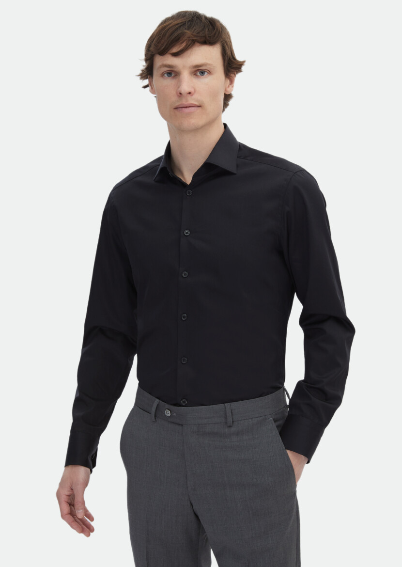 Black Plain Slim Fit Weaving Classical 100% Cotton Shirt 