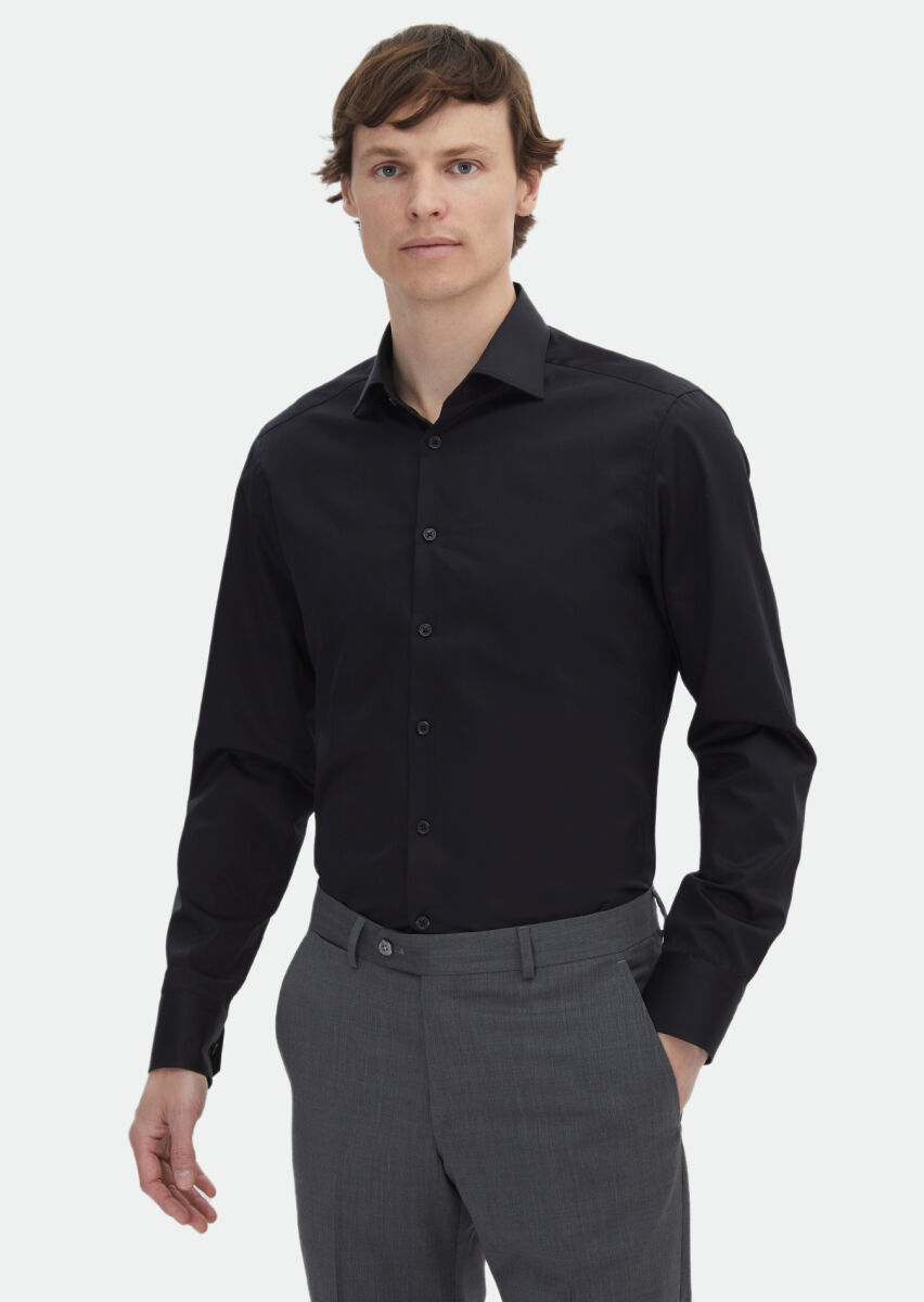 Black Plain Slim Fit Weaving Classical 100% Cotton Shirt - 1