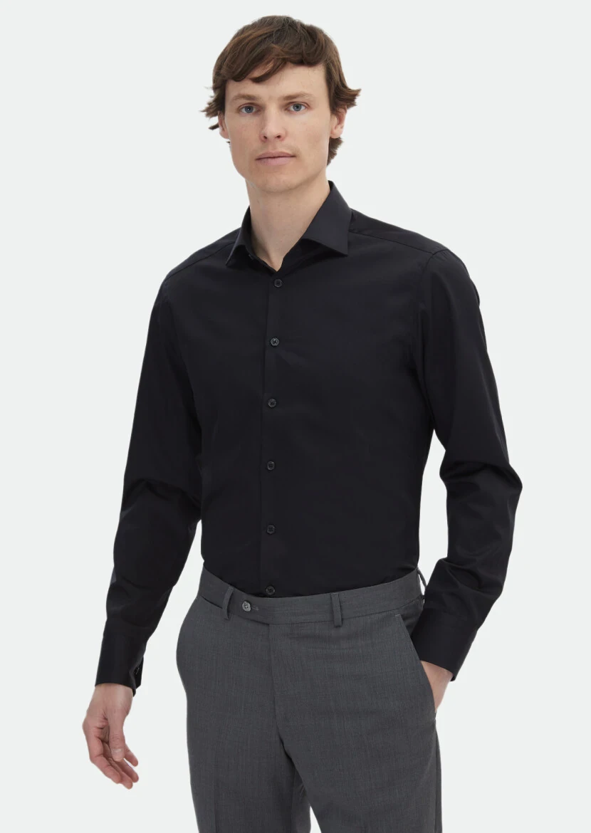 Black Plain Slim Fit Weaving Classical 100% Cotton Shirt - RAMSEY