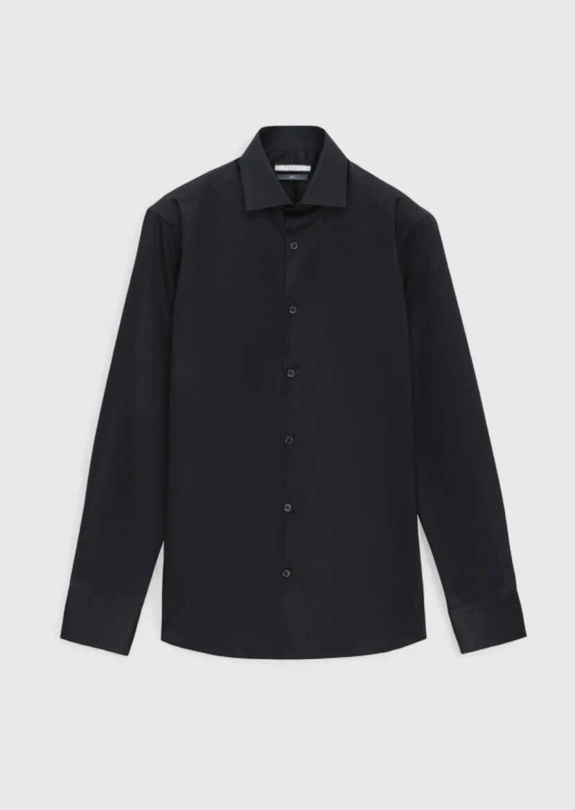 Black Plain Slim Fit Weaving Classical 100% Cotton Shirt - RAMSEY