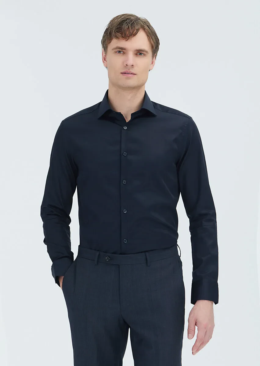 Black Plain Slim Fit Weaving Classical 100% Cotton Shirt - 1