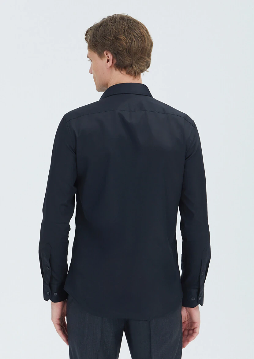 Black Plain Slim Fit Weaving Classical 100% Cotton Shirt - 4