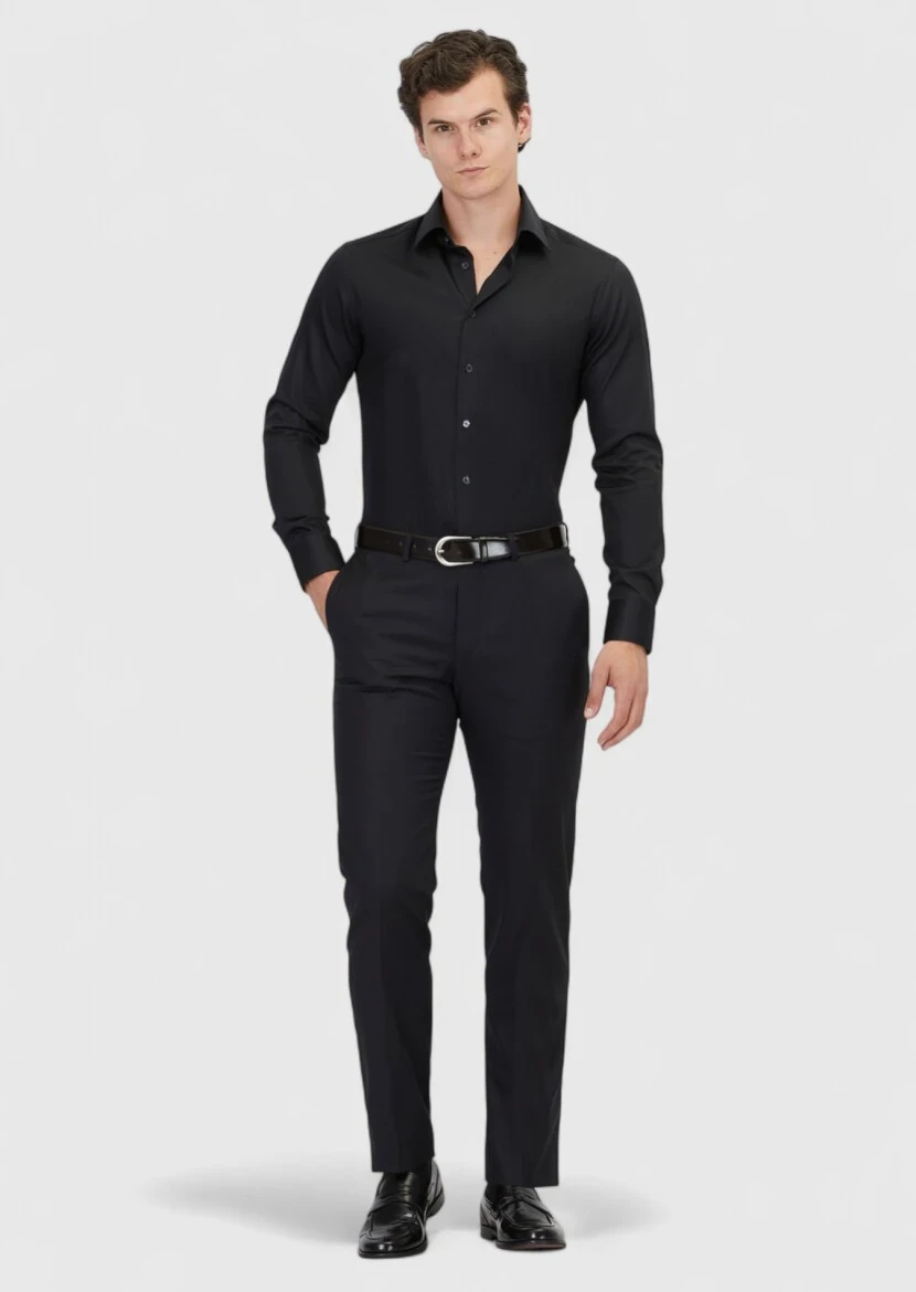 Black Plain Slim Fit Weaving Classical 100% Cotton Shirt - 2