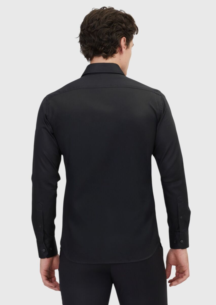 Black Plain Slim Fit Weaving Classical 100% Cotton Shirt - 5