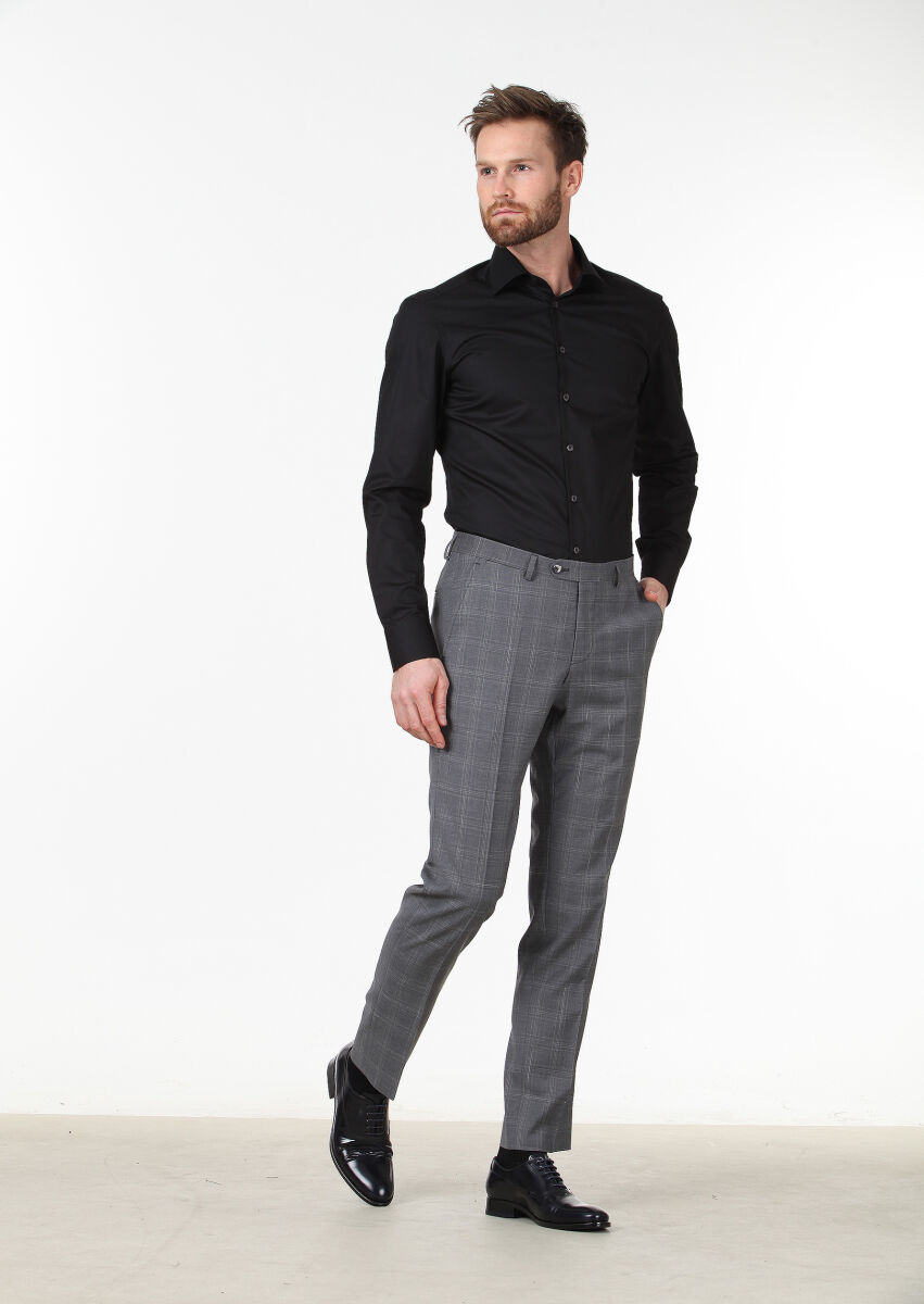 Black Plain Slim Fit Weaving Classical Cotton Blended Shirt - 2