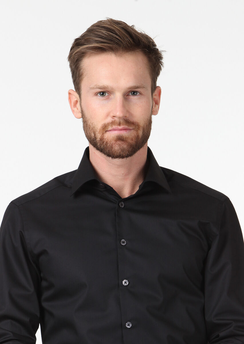 Black Plain Slim Fit Weaving Classical Cotton Blended Shirt - 3