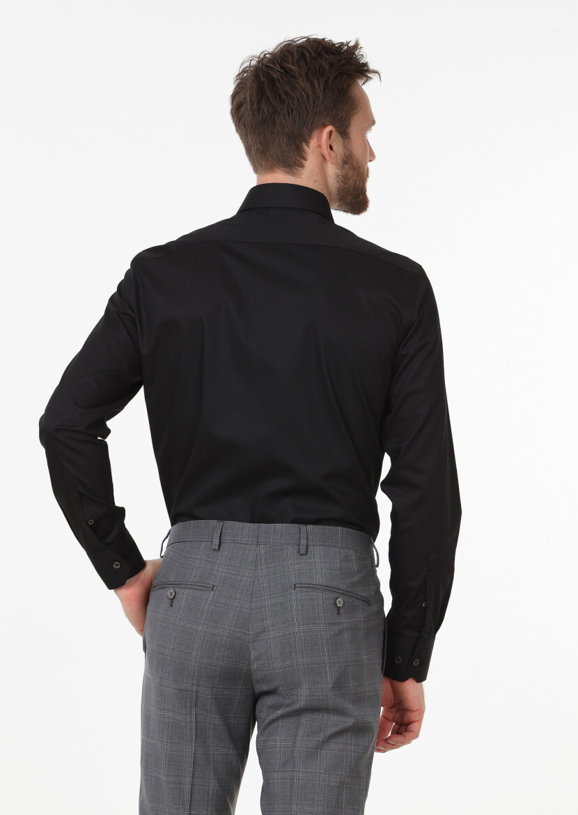 Black Plain Slim Fit Weaving Classical Cotton Blended Shirt - 4