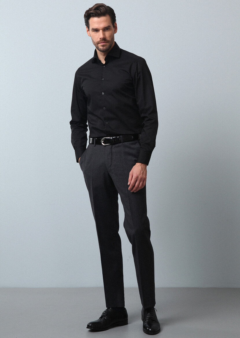 Black Plain Slim Fit Weaving Classical Cotton Blended Shirt 
