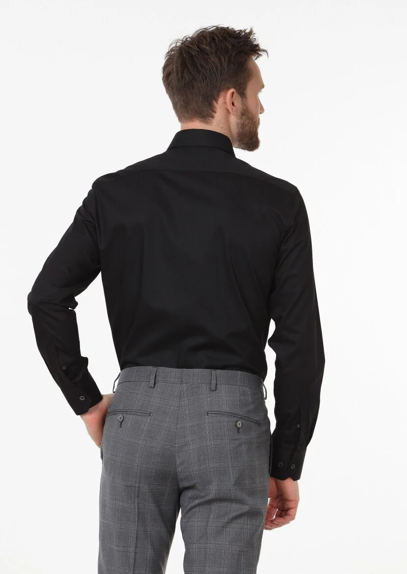 Black Plain Slim Fit Weaving Classical Cotton Blended Shirt - 4