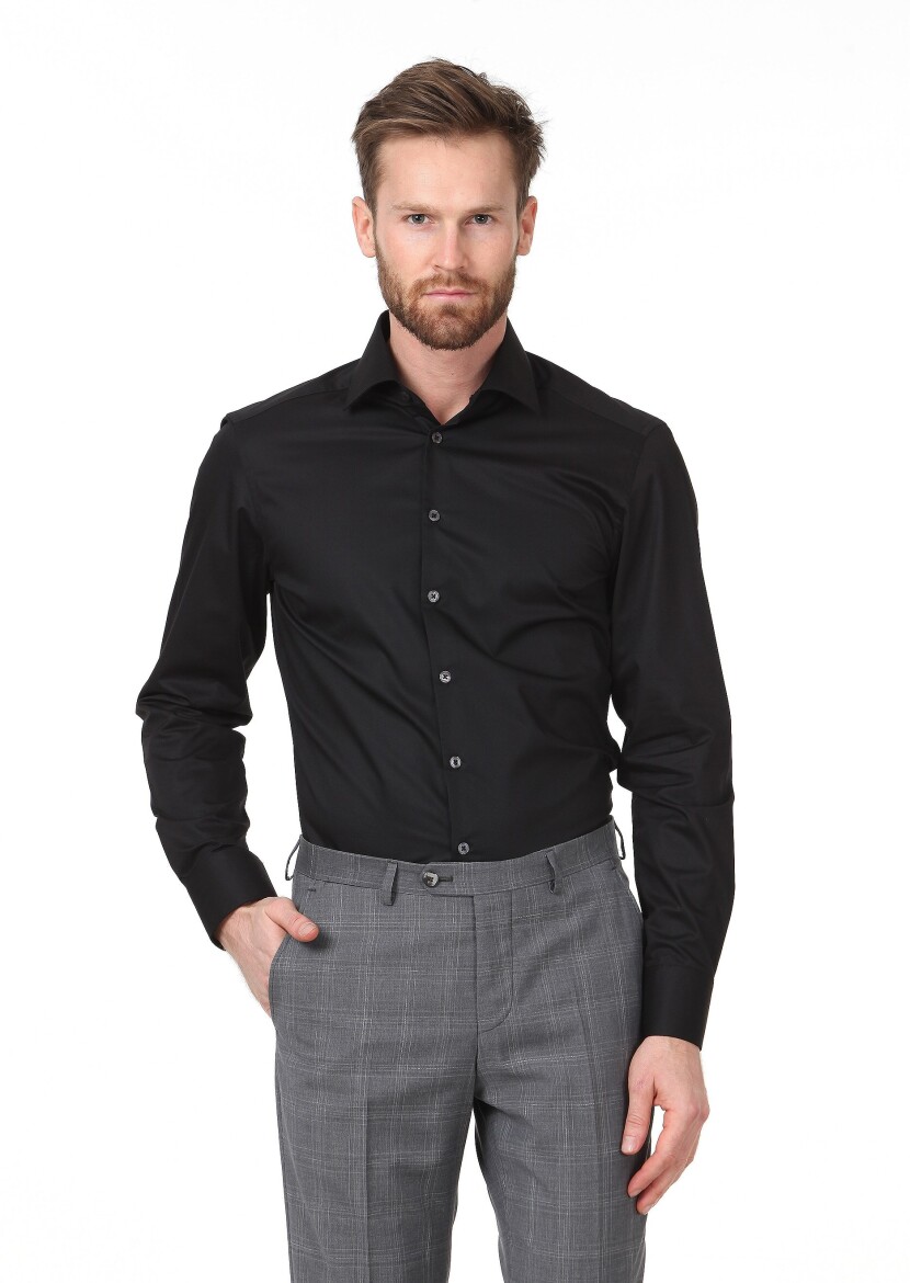 Black Plain Slim Fit Weaving Classical Cotton Blended Shirt - 1