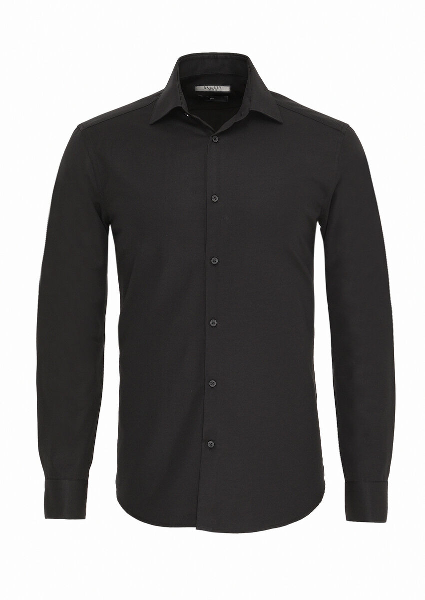 Black Plain Slim Fit Weaving Classical Cotton Blended Shirt - 1