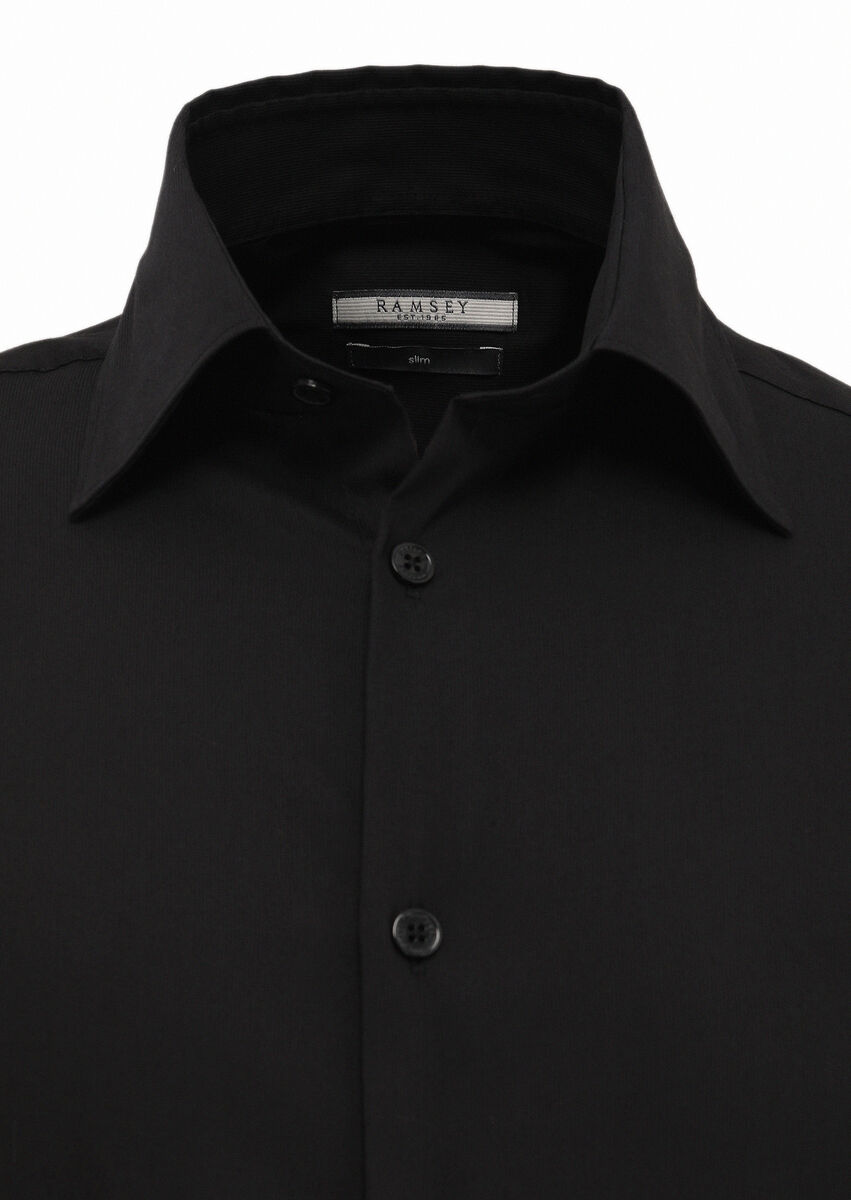 Black Plain Slim Fit Weaving Classical Cotton Blended Shirt - 2