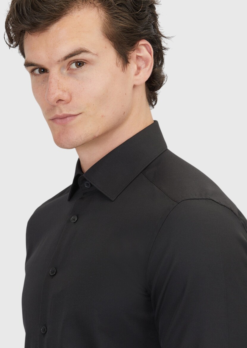 Black Plain Slim Fit Weaving Classical Cotton Blended Shirt - 3