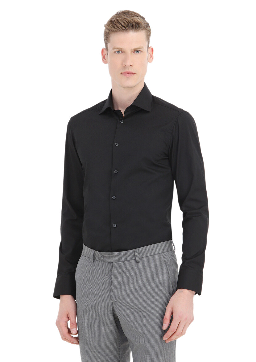 Black Plain Slim Fit Weaving Classical Cotton Blended Shirt - 2