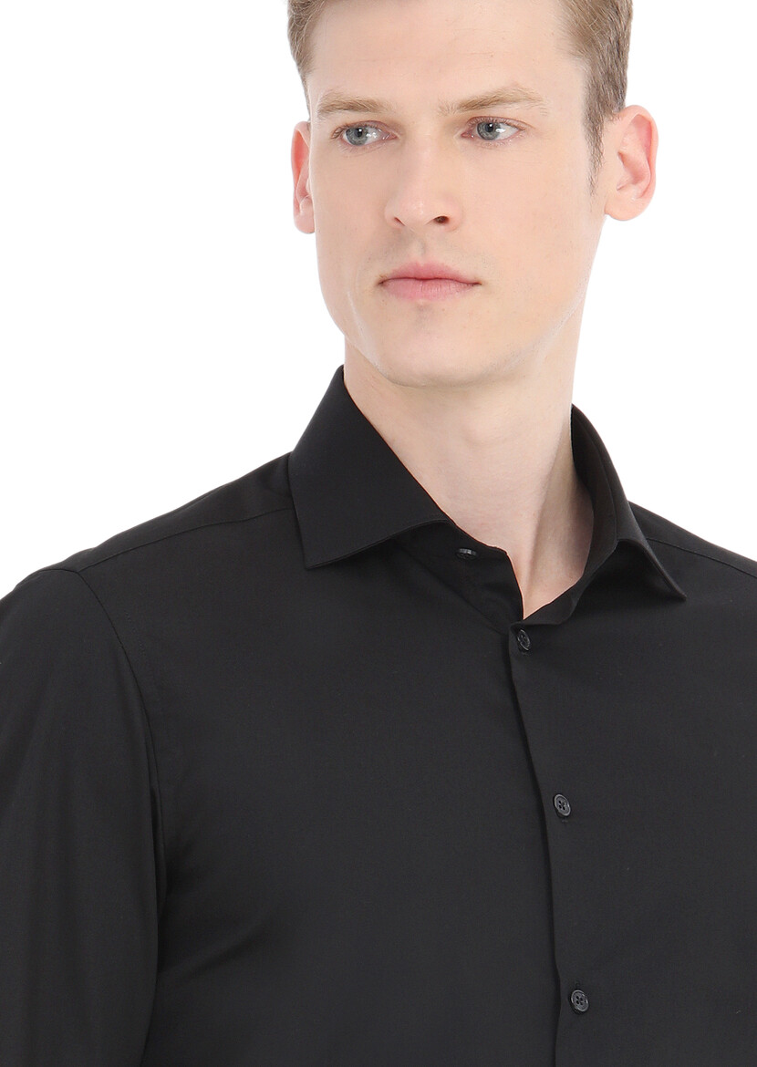 Black Plain Slim Fit Weaving Classical Cotton Blended Shirt - 3