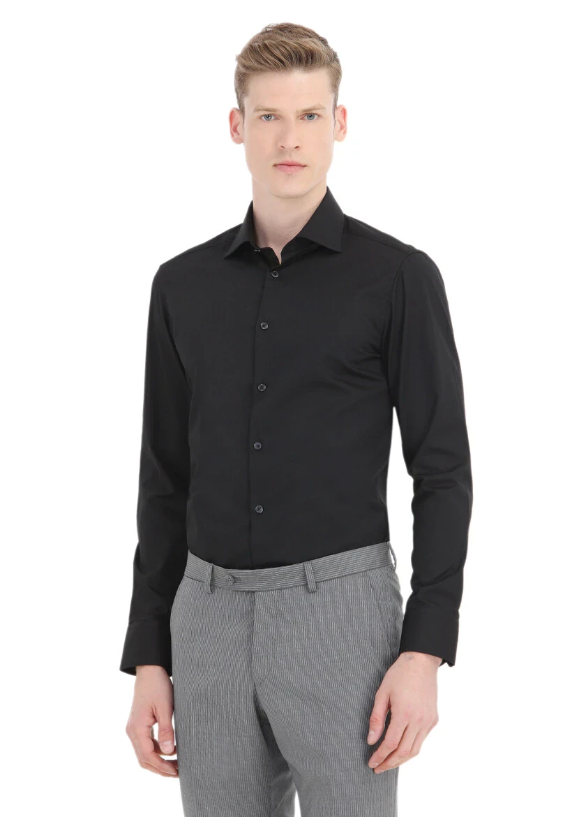 Black Plain Slim Fit Weaving Classical Cotton Blended Shirt 