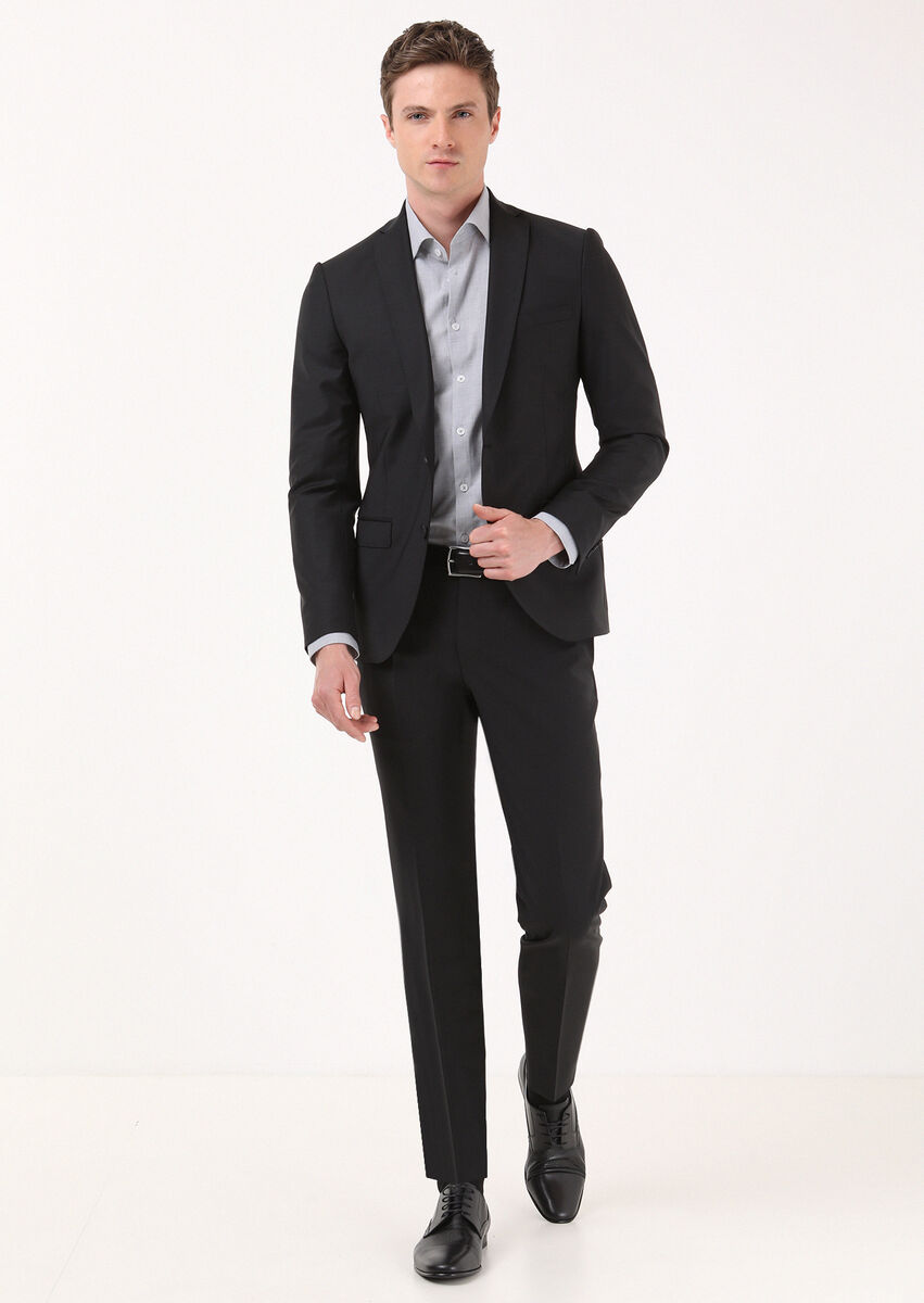 Black Plain Slim Fit Wool Blended Suit - 1