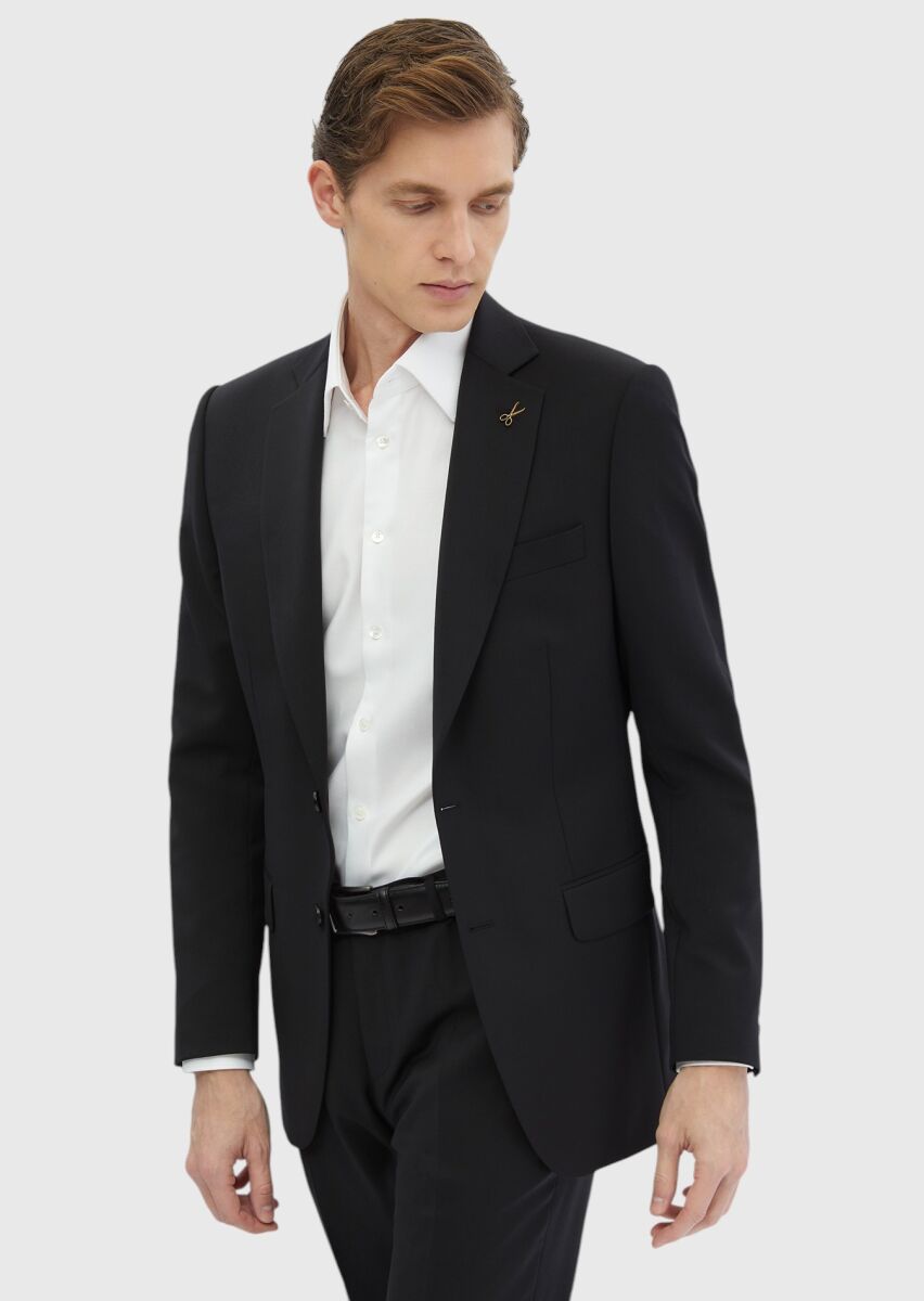 Black Plain Thin&Taller Slim Fit 100% Wool Suit - 1