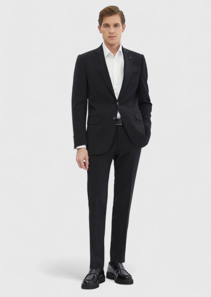 Black Plain Thin&Taller Slim Fit 100% Wool Suit - 2