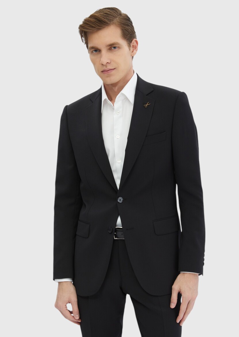 Black Plain Thin&Taller Slim Fit 100% Wool Suit - 3