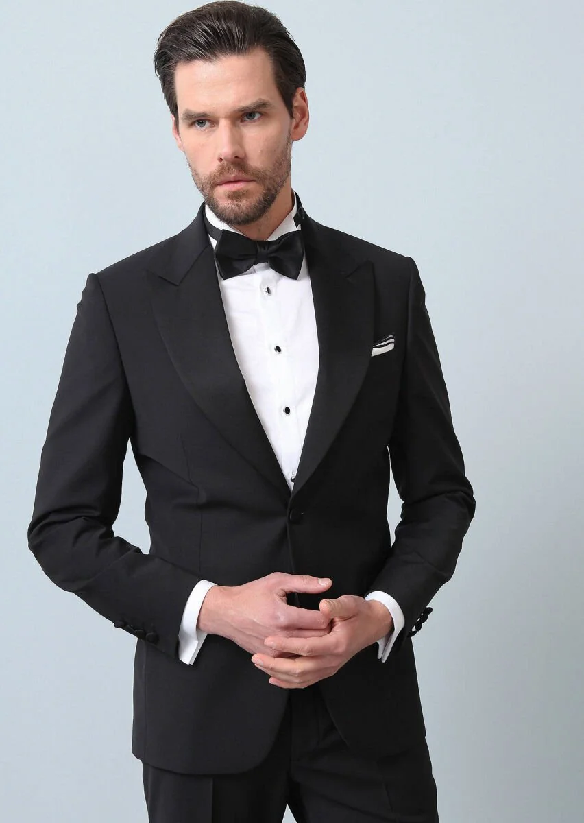 Black Plain Thin&Taller Slim Fit Double Breasted Collar Weaving Tuxedo - 1