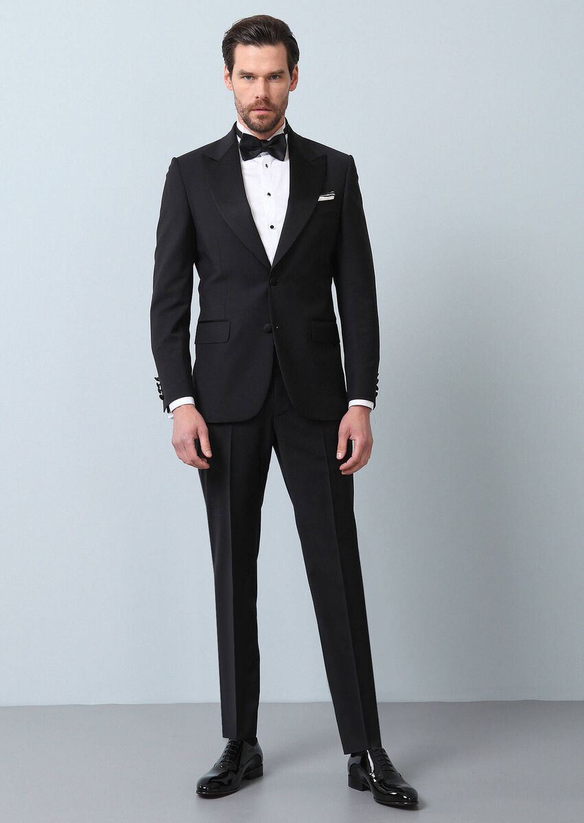 Black Plain Thin&Taller Slim Fit Double Breasted Collar Weaving Tuxedo - 1