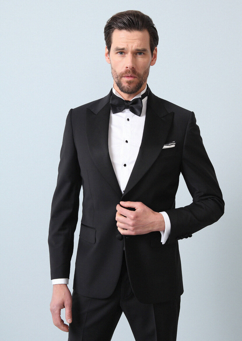 Black Plain Thin&Taller Slim Fit Double Breasted Collar Weaving Tuxedo - 4