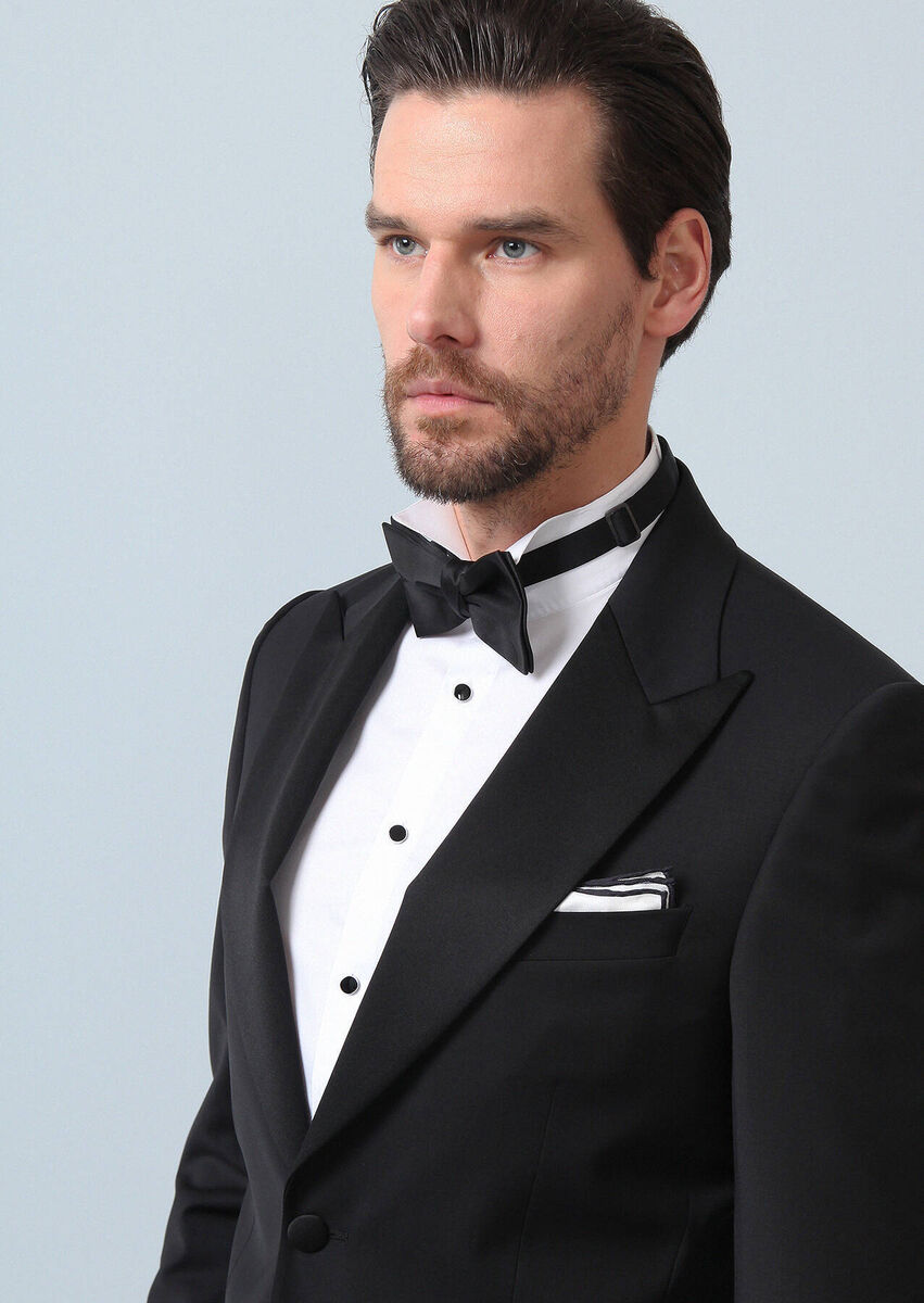 Black Plain Thin&Taller Slim Fit Double Breasted Collar Weaving Tuxedo - 5