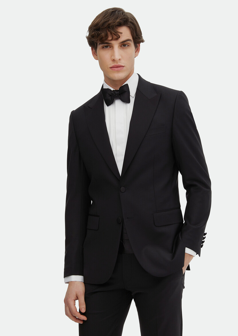 Black Plain Thin&Taller Slim Fit Double Breasted Collar Weaving Tuxedo - 1